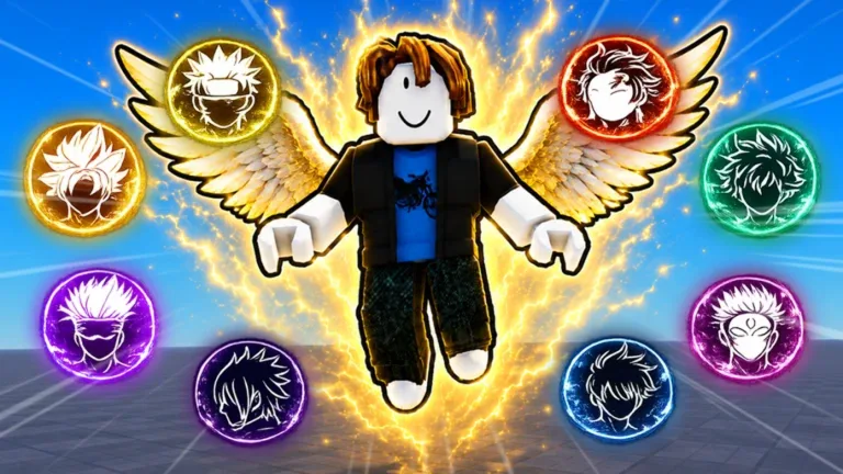 Golden-winged Anime Ability Arena fighter surrounded by ability emblems, used as the wiki backdrop